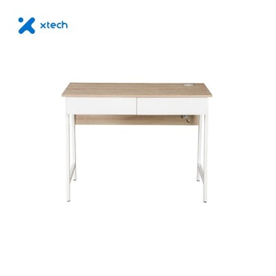 Mesa de Escritorio Xtech - Desk Sgl Lvl XTF-CD206,  2 Gavetas y puertos USB, Estructura de metal blanco y tabla color Haya