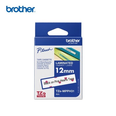 CINTA BROTHER LAMINADA TZEMPPH31 NEGRO SOBRE CORAZONES ROSAS 12MM X 4M