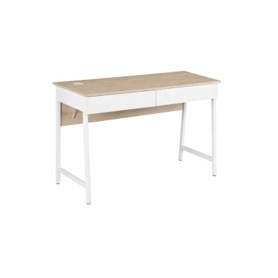 Mesa de Escritorio Xtech - Desk Sgl Lvl XTF-CD206,  2 Gavetas y puertos USB, Estructura de metal blanco y tabla color Haya