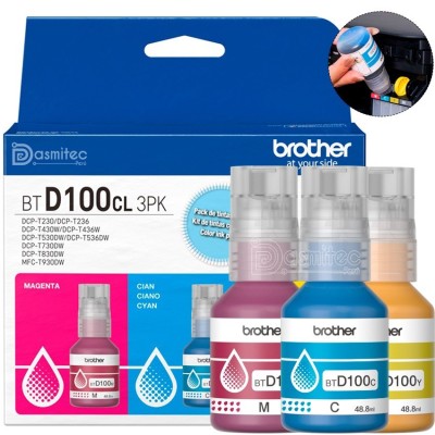 Tripack Botellas de Tinta Brother BTD100CL3PK (C/M/Y), 5,000 Páginas (al 5%), Compatible con Serie T