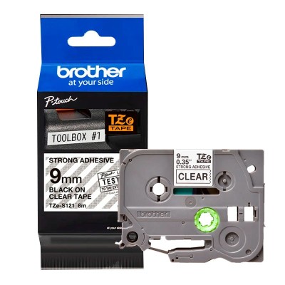 Cinta Brother TZE-S121 Adhesivo Fuerte Negro Sobre Transparente 9mm x 8mst
