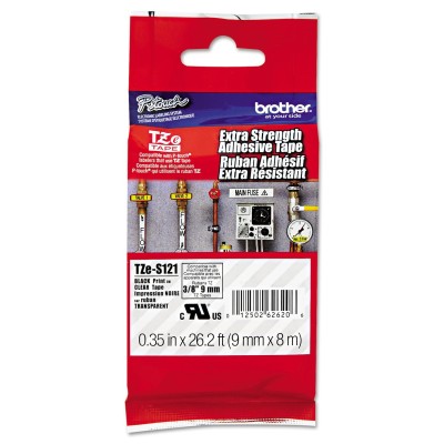 Cinta Brother TZE-S121 Adhesivo Fuerte Negro Sobre Transparente 9mm x 8mst