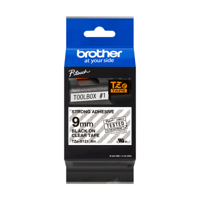 Cinta Brother TZE-S121 Adhesivo Fuerte Negro Sobre Transparente 9mm x 8mst