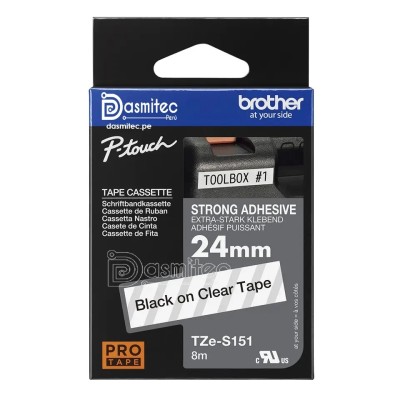Cinta Brother TZE-S151 Adhesivo Fuerte Negro sobre Transparente 24mm x 8