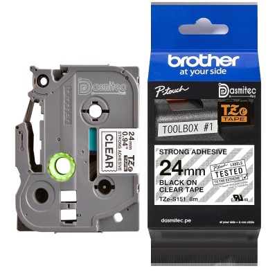 Cinta Brother TZE-S151 Adhesivo Fuerte Negro sobre Transparente 24mm x 8
