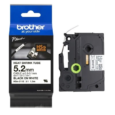 Cinta Termocontraible Brother HSE-211E Negro Sobre Blanco 5.2mm x 1,5m