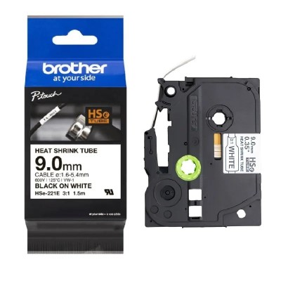 Cinta Termocontraible Brother HSE-221E Negro Sobre Blanco 9mm x 1,5m