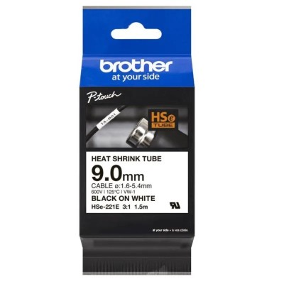 Cinta Termocontraible Brother HSE-221E Negro Sobre Blanco 9mm x 1,5m