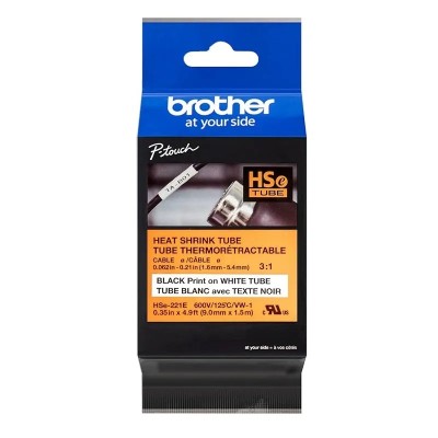 Cinta Termocontraible Brother HSE-221E Negro Sobre Blanco 9mm x 1,5m