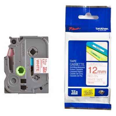 Cinta Brother TZE-232 Rojo Sobre Blanco 12mm x 8m