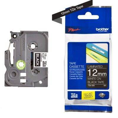 Cinta Brother TZE-335, Blanco Sobre Negro 12mm x 8m