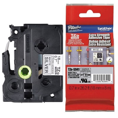 Cinta SuperAdhesiva Brother TZES941 Negro Sobre Plateado 18mm x 8m