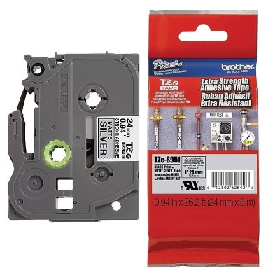 Cinta SuperAdhesiva Brother TZES951 Negro Sobre Plateado 24mm x 8m