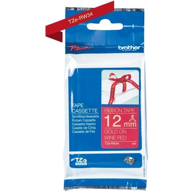 Cinta Satinada No Adhesiva Brother TZE-RW34 Dorado sobre rojo oscuro 12mm x 4m