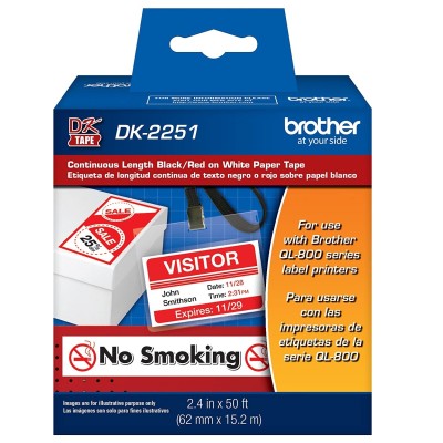 Cinta Brother DK-2251 Continuo 62mm x 30mts Negro/Rojo Sobre Blanco